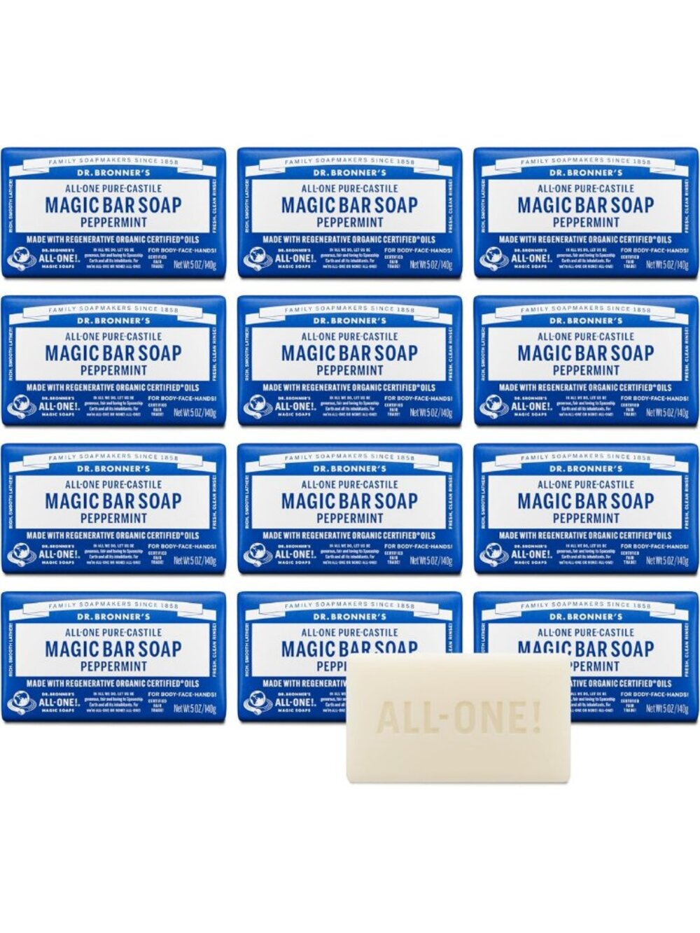 Pure-Castile Peppermint Bar Soap, 5 oz - 12-Pack Value Size, Natural & Organic